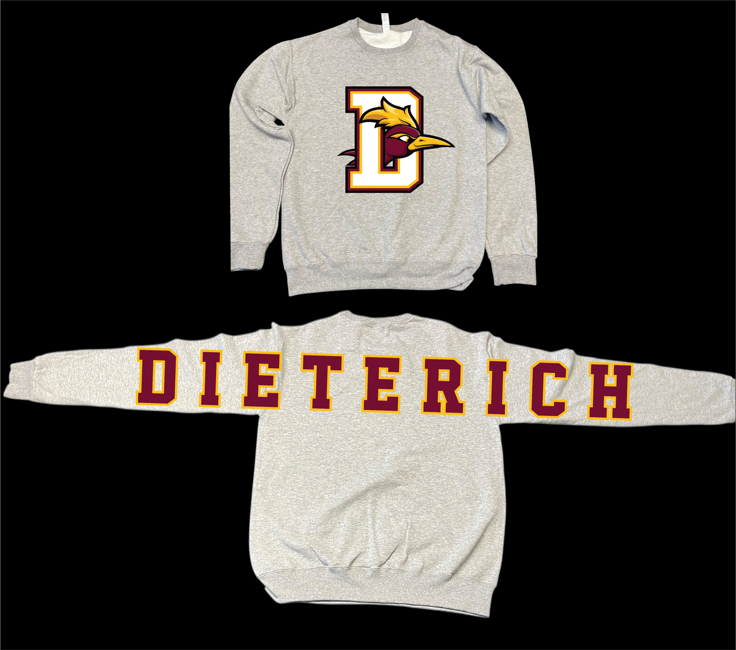 SCHOOL MASCOT LARGE PRINT CREWS-ALL PRINT WILL BE DISTRESSED. DUE TO HIGH DEMAND PLEASE ALLOW 10 BUSINESS DAYS FOR PRODUCTION BEFORE SHIPPED VIA UPS. PLEASE LEAVE YOUR CONTACT INFORMATION DURING CHECKOUT.